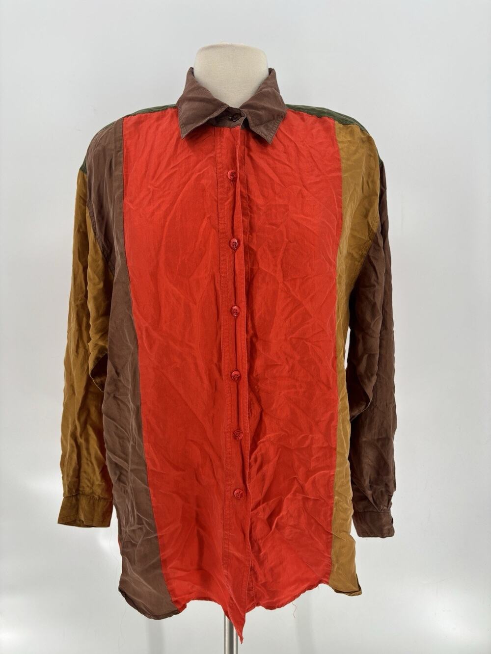 Vintage Marnie West Blouse Womens Large Red Brown 90s Colorblock 100% Silk Top